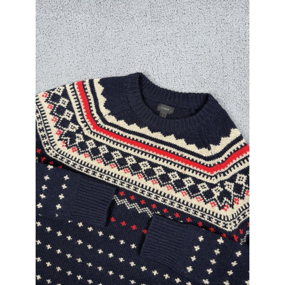 J.Crew Sweater Mens S Blue Red Knit Wool Fair Isle Crewneck Heavyweight